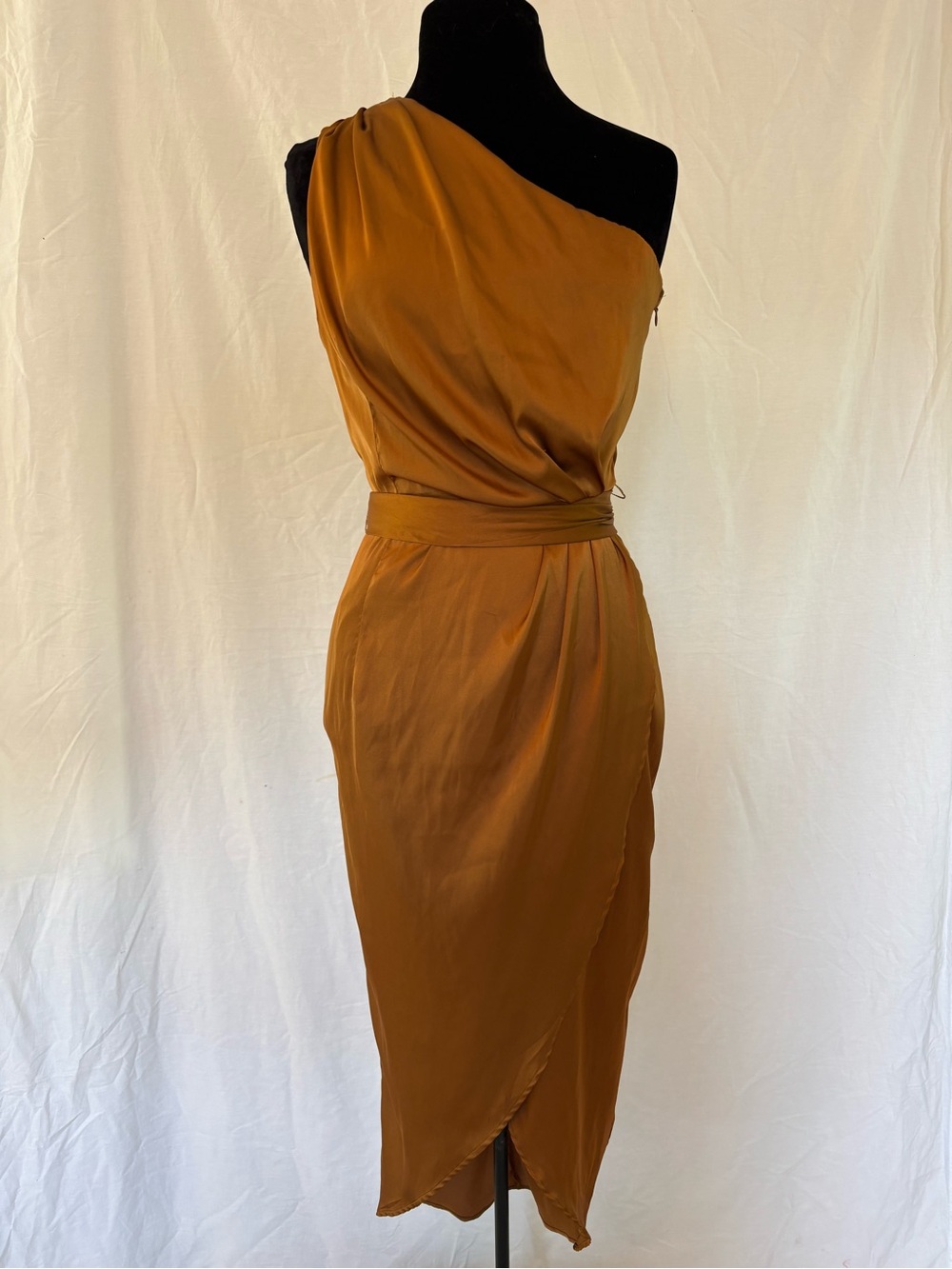 Baltic Born One Shoulder Bronze Satin Midi Dress Large Wedding Guest Grecian